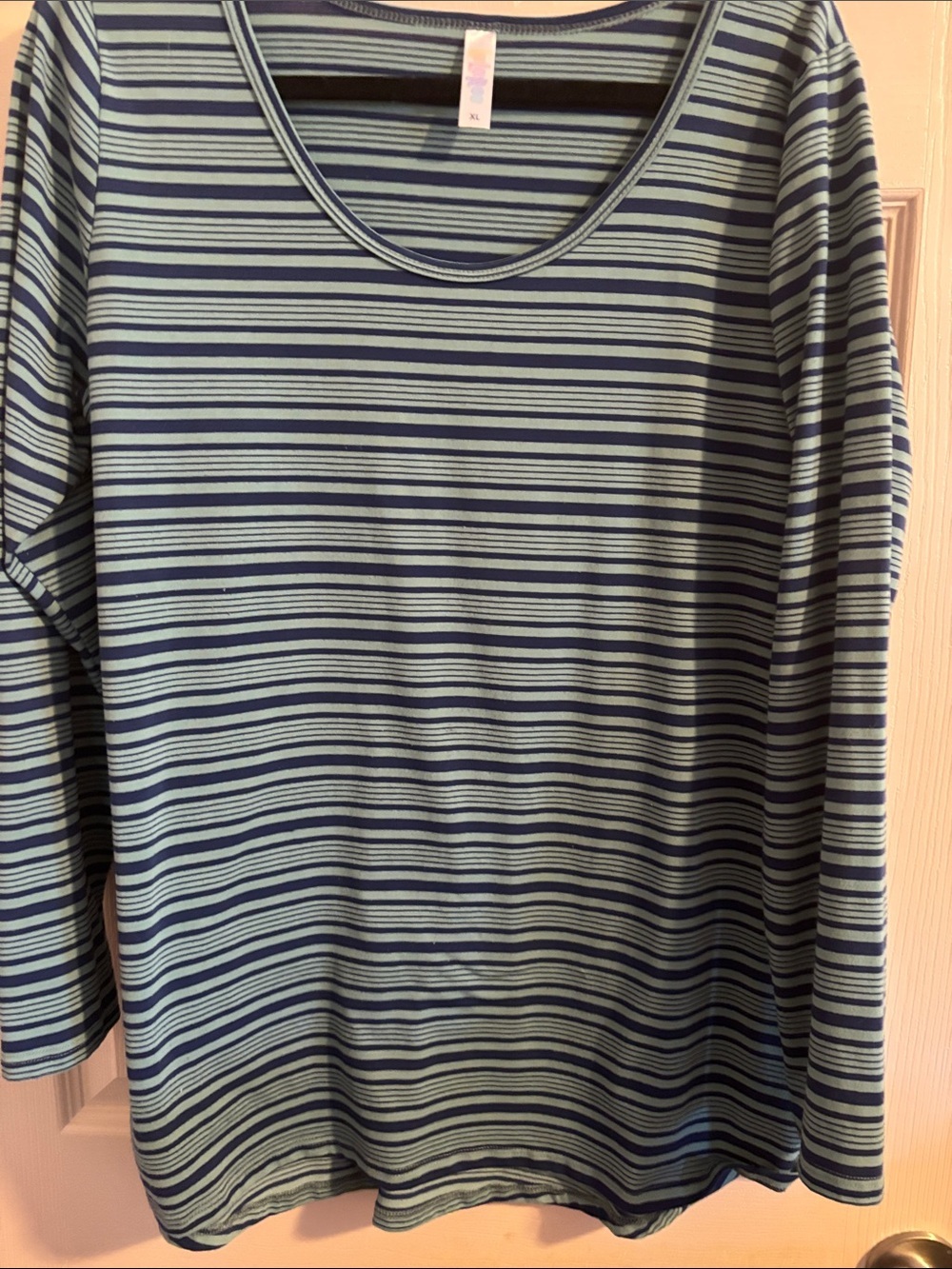 LuLaRoe Striped Long Sleeve Scoop Neck Top - Navy and Light Blue